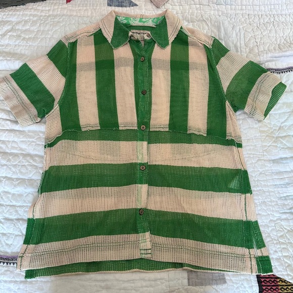 We The Free Tops - We The Free Short Sleeve Button Down Shirt Green Cream Striped Mesh Small